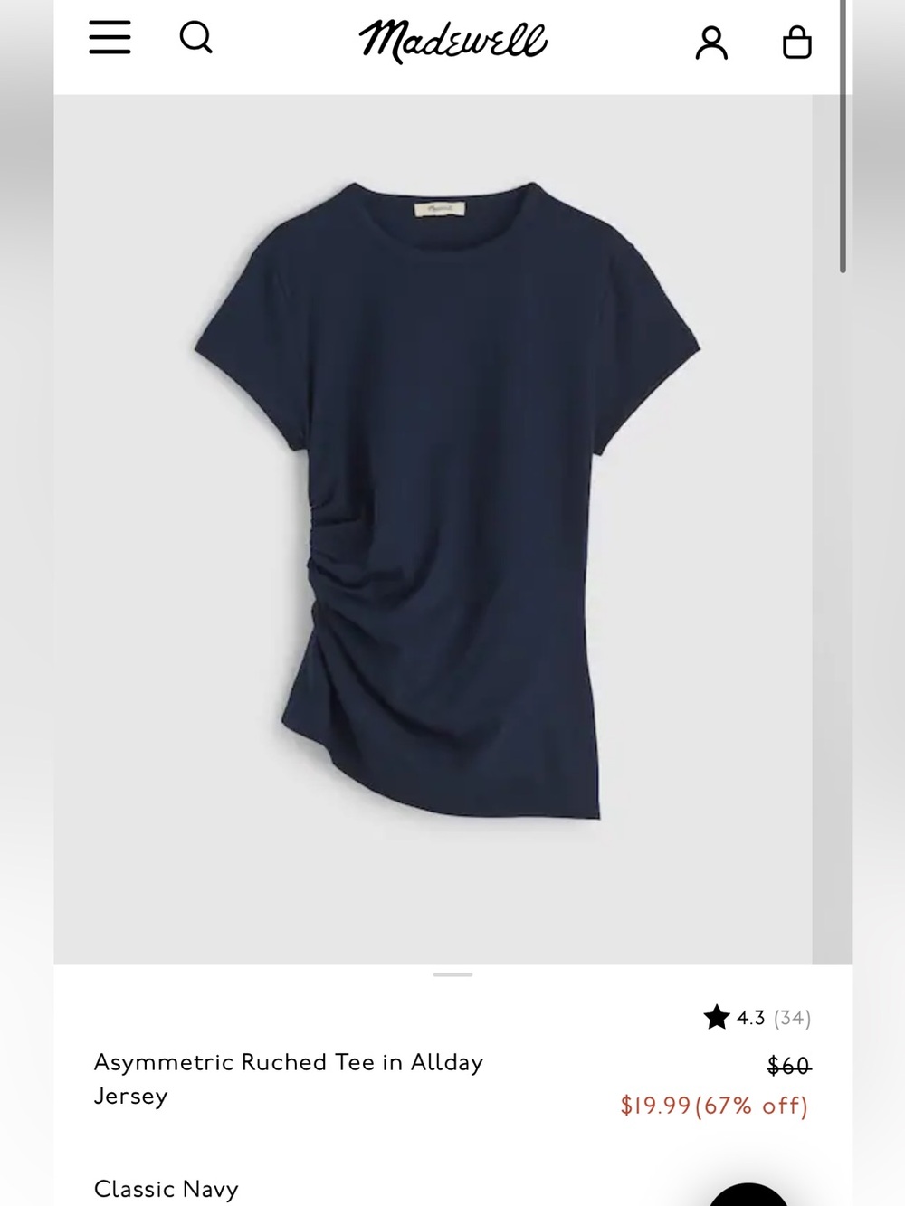 Madewell Navy Blue Crewneck Ruched Short Sleeve Tee